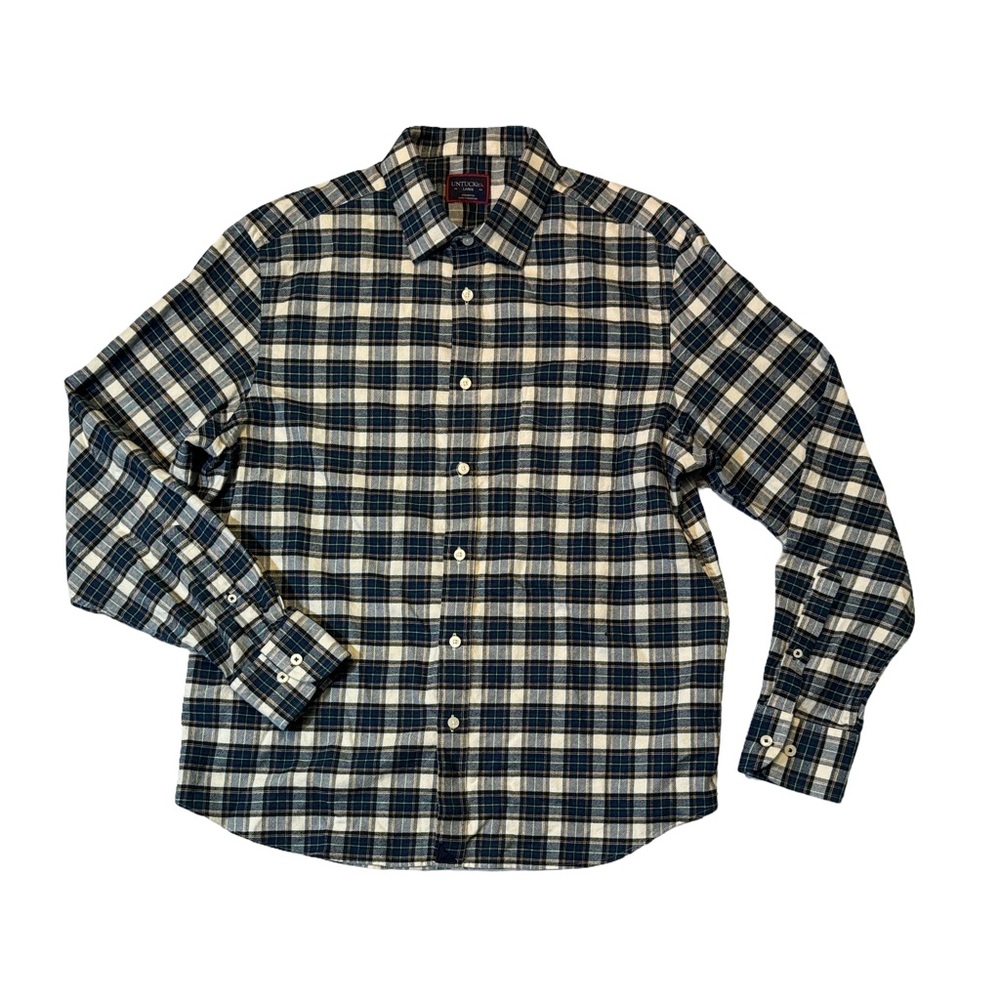 UNTUCKit mens L Large regular fit cream blue plaid soft flannel button up shirt